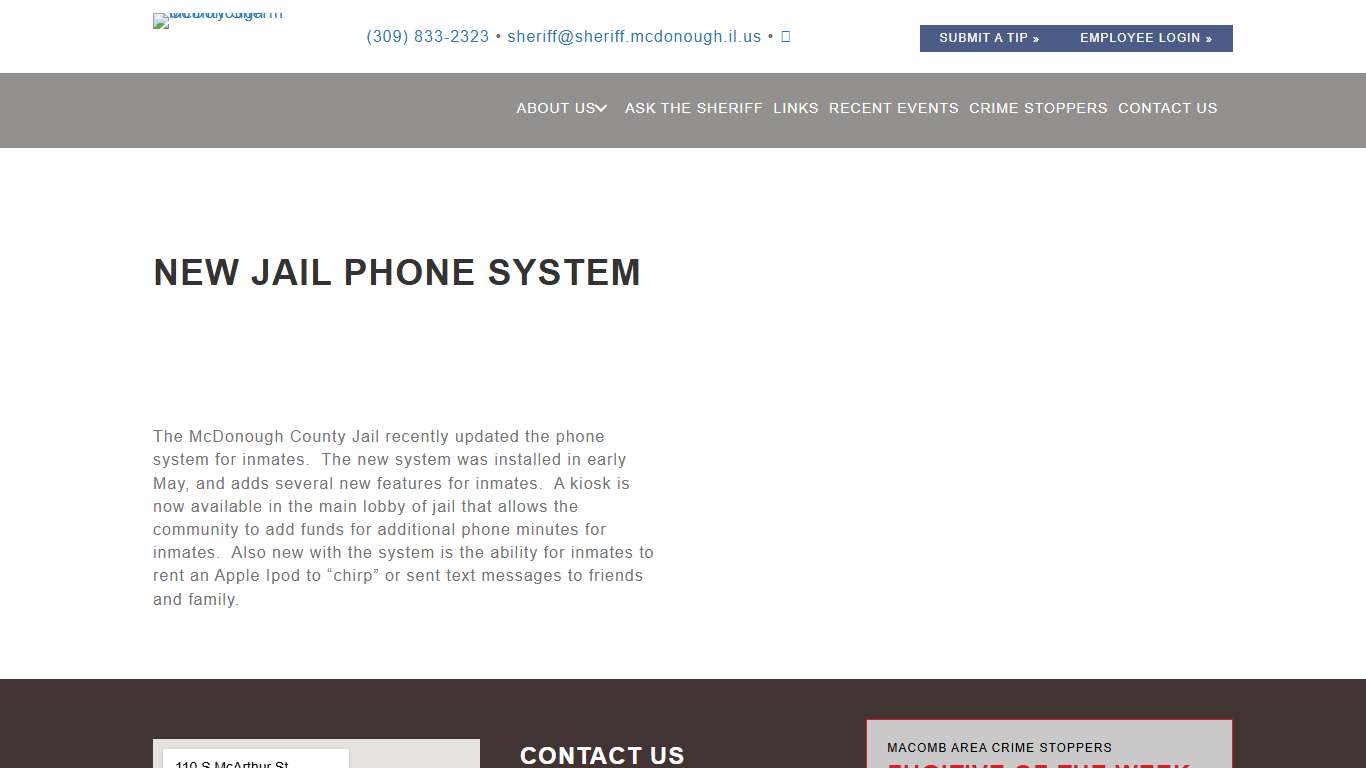 New Jail Phone System - McDonough County Sheriffs Office / Macomb Area Crime Stoppers